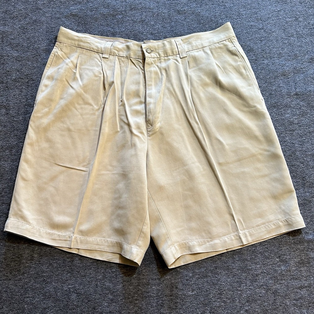 Tommy Bahama Men's 36 Pleated Shorts 100% Silk Khaki Tan Tropical Lining Relaxed